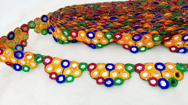 Multicoloured Indian Foil Mirror Trim, Kutch Embroidered Navratri Garba Dress Trim Bridal Lace, Indian Sari Border